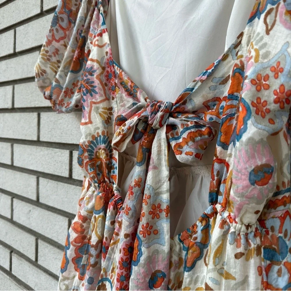 1. STATE Puff Sleeve Gauzy Boho Paisley Floral Tiered Mini Dress Tie Back L